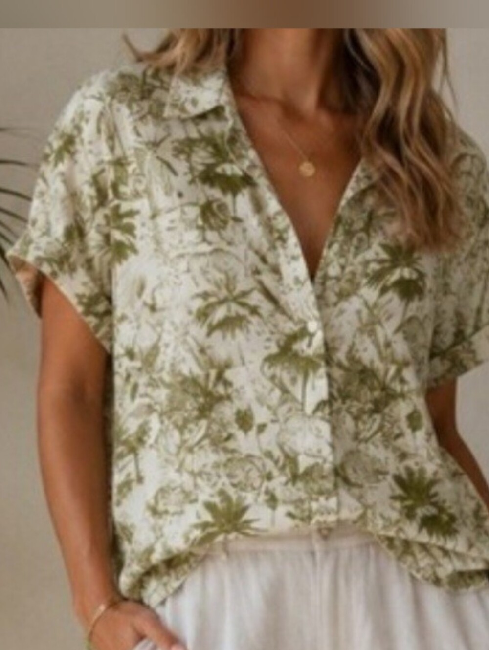 Cynthia Rowley 100% Silk Olive Safari Print Button-Up Top